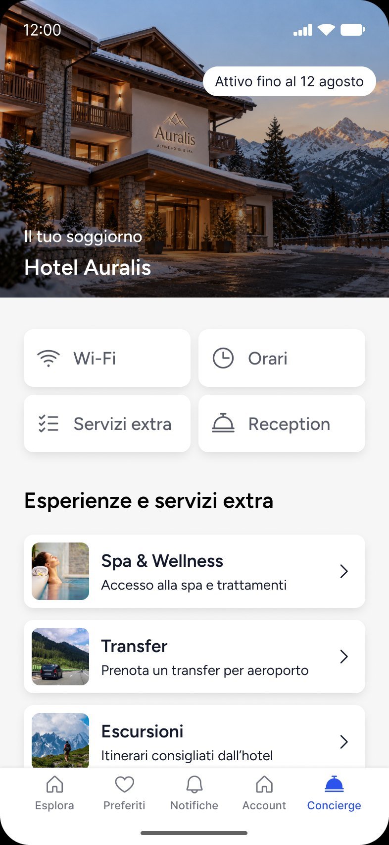 La sezione Concierge nell'app GuideXpress con i servizi extra