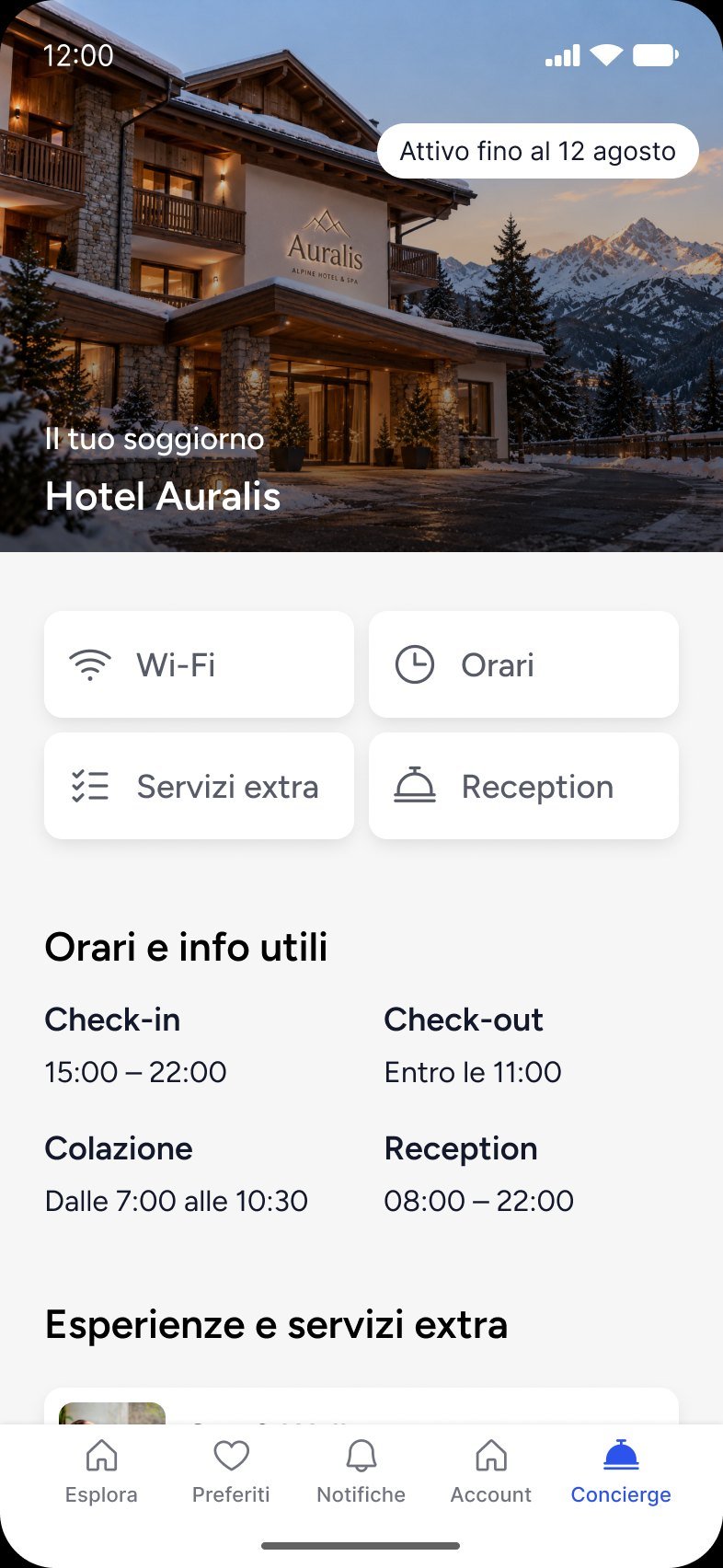 La home del Concierge nell'app GuideXpress con orari e informazioni utili