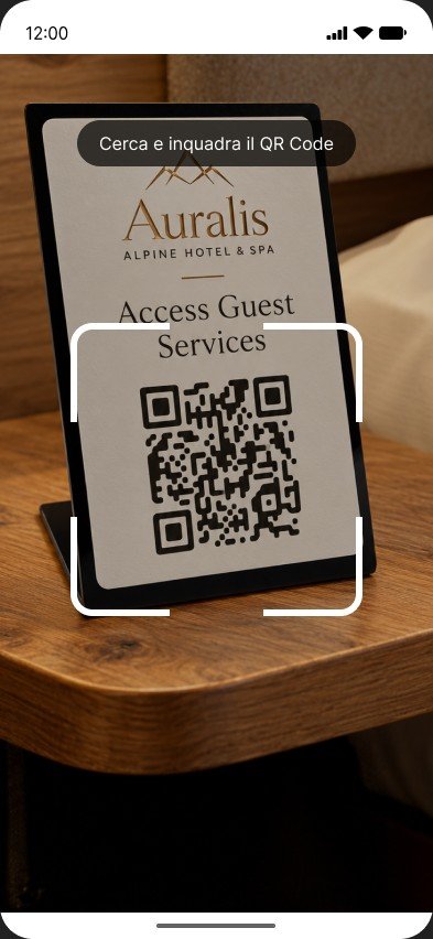 Il telefono inquadra il QR code sul cartello in camera