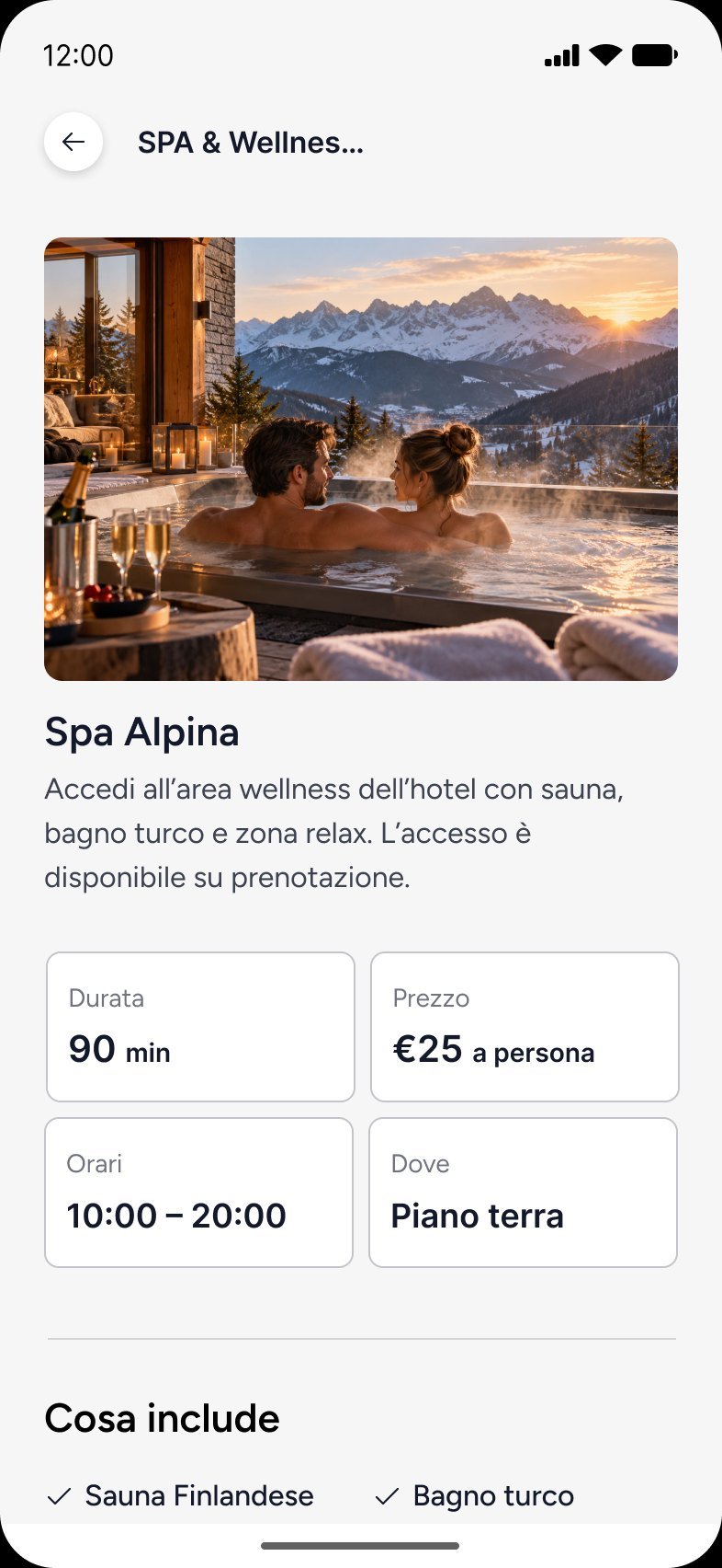 La scheda della spa nell'app GuideXpress, con durata, prezzo e orari