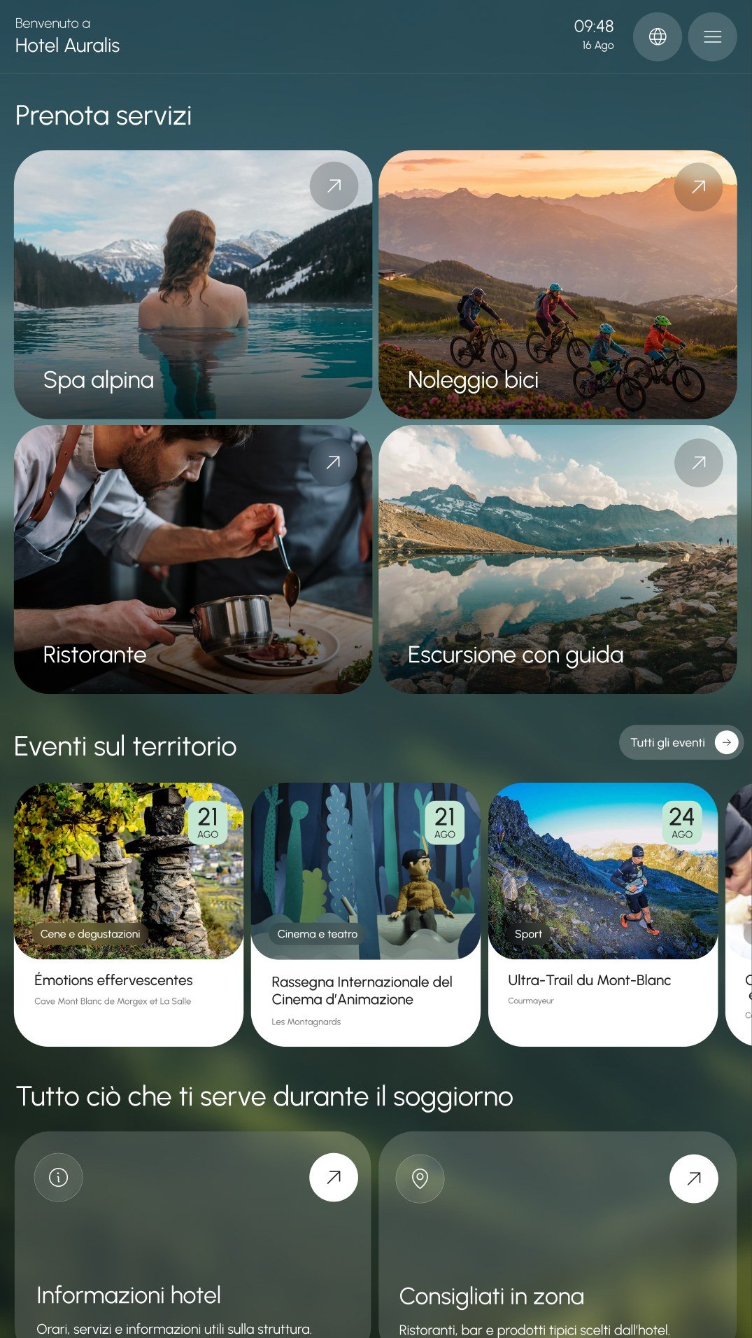 La schermata iniziale del monitor touch: servizi da prenotare, eventi sul territorio, informazioni