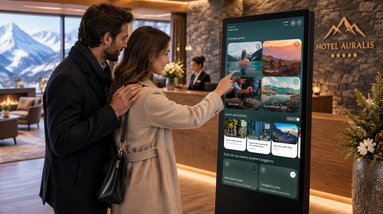 Due ospiti scelgono un servizio sul monitor touch in reception