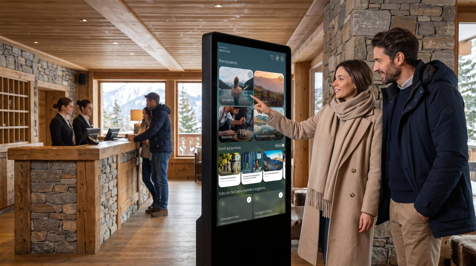 Ospiti davanti al monitor touch nella hall di un hotel di montagna